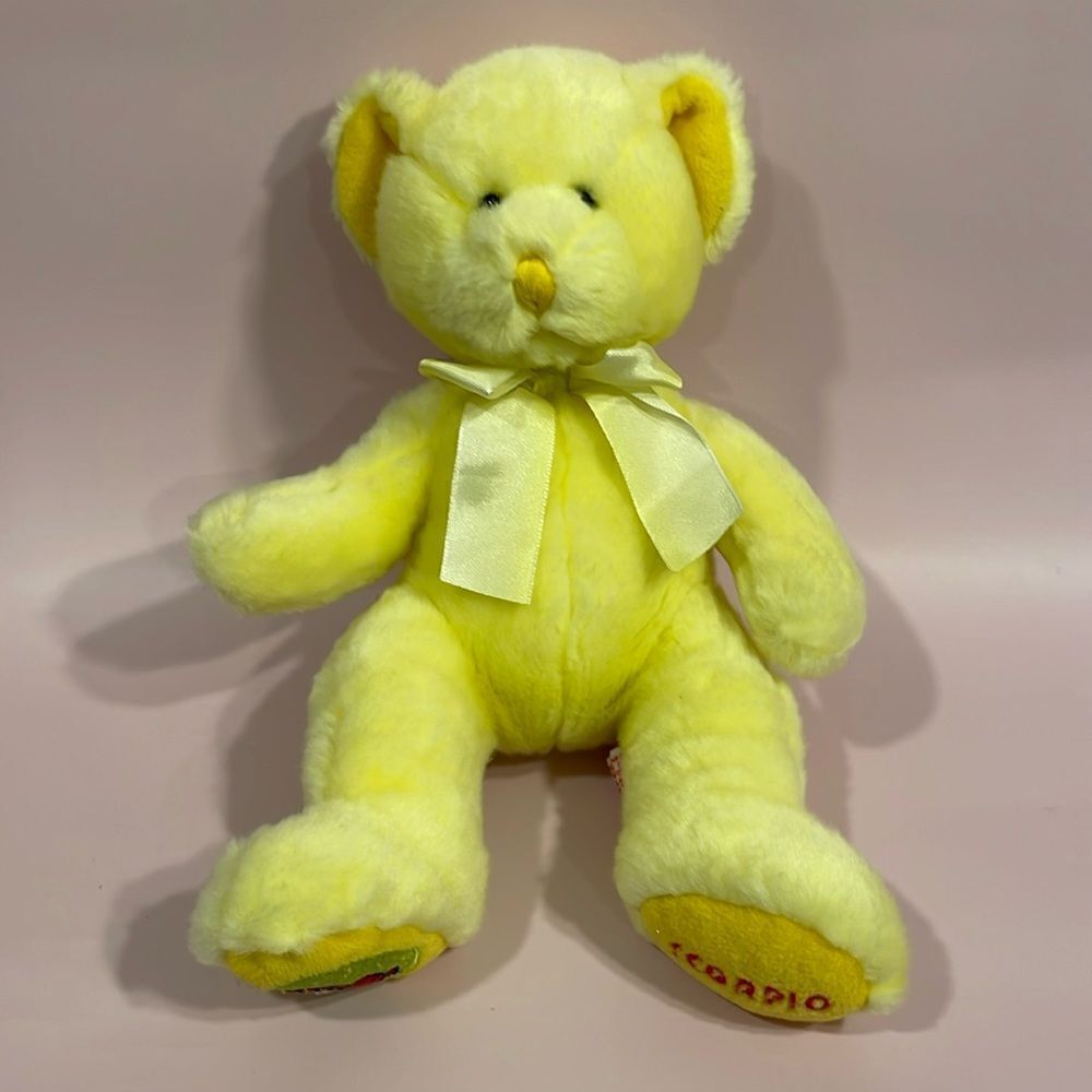 Russ Berrie Bear Yellow Teddy Bear Scorpio Horoscope Bear 10.5” long Good Used…